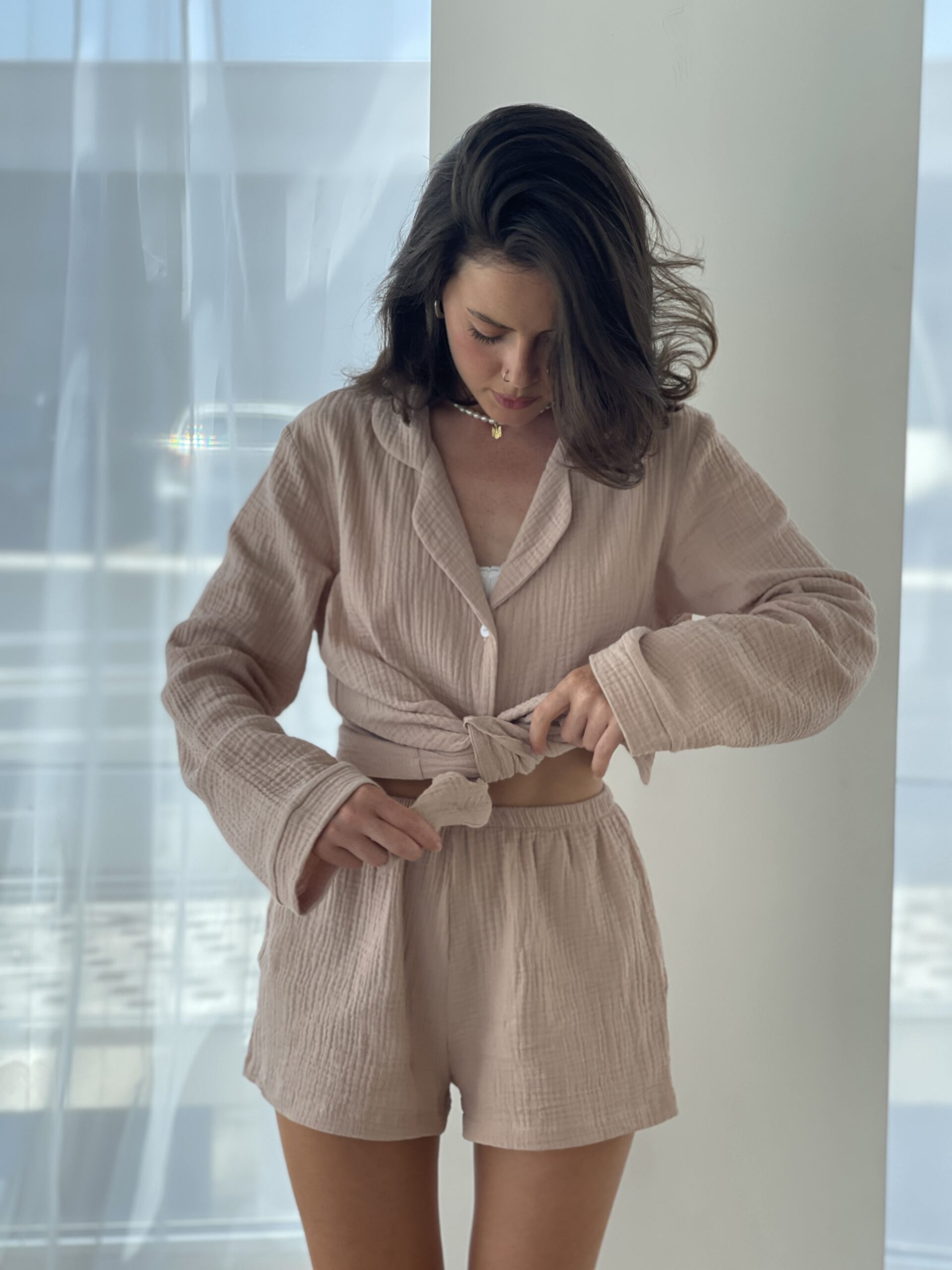 Beige Shirt & Shorts Pyjama Set
